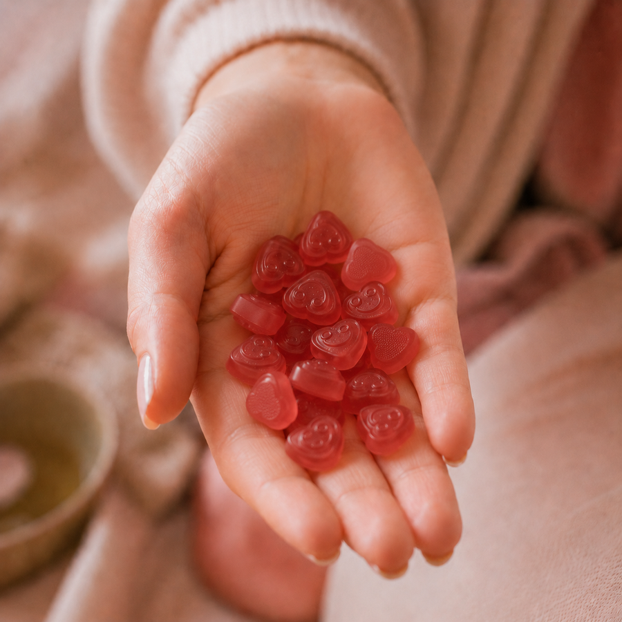 Une femme prend un gummy Cyckl en forme de cœur